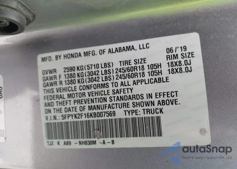 2019 Honda Ridgeline Sport из США, поврежденный, VIN 5FPYK2F16KB007569